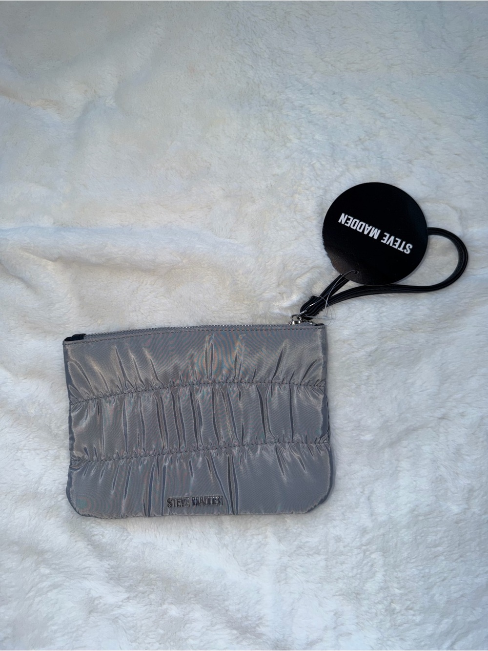 Steve Madden Iridescent Silver Ruched Wristlet Clutch